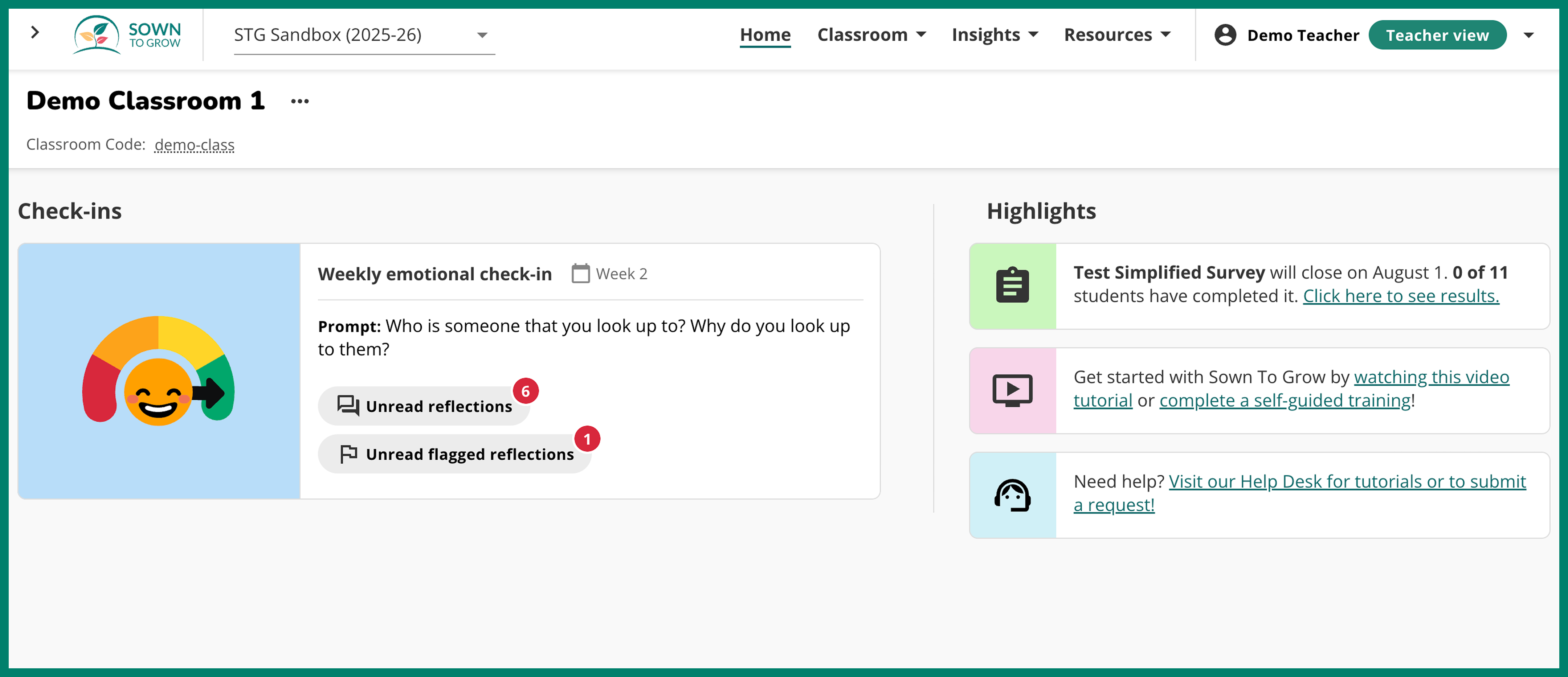 Redesigned teacher portal homepage showing check-ins on the left side and a new highlights section on the right side. The highlights section contains links to a sample survey, training resources, and the help desk.