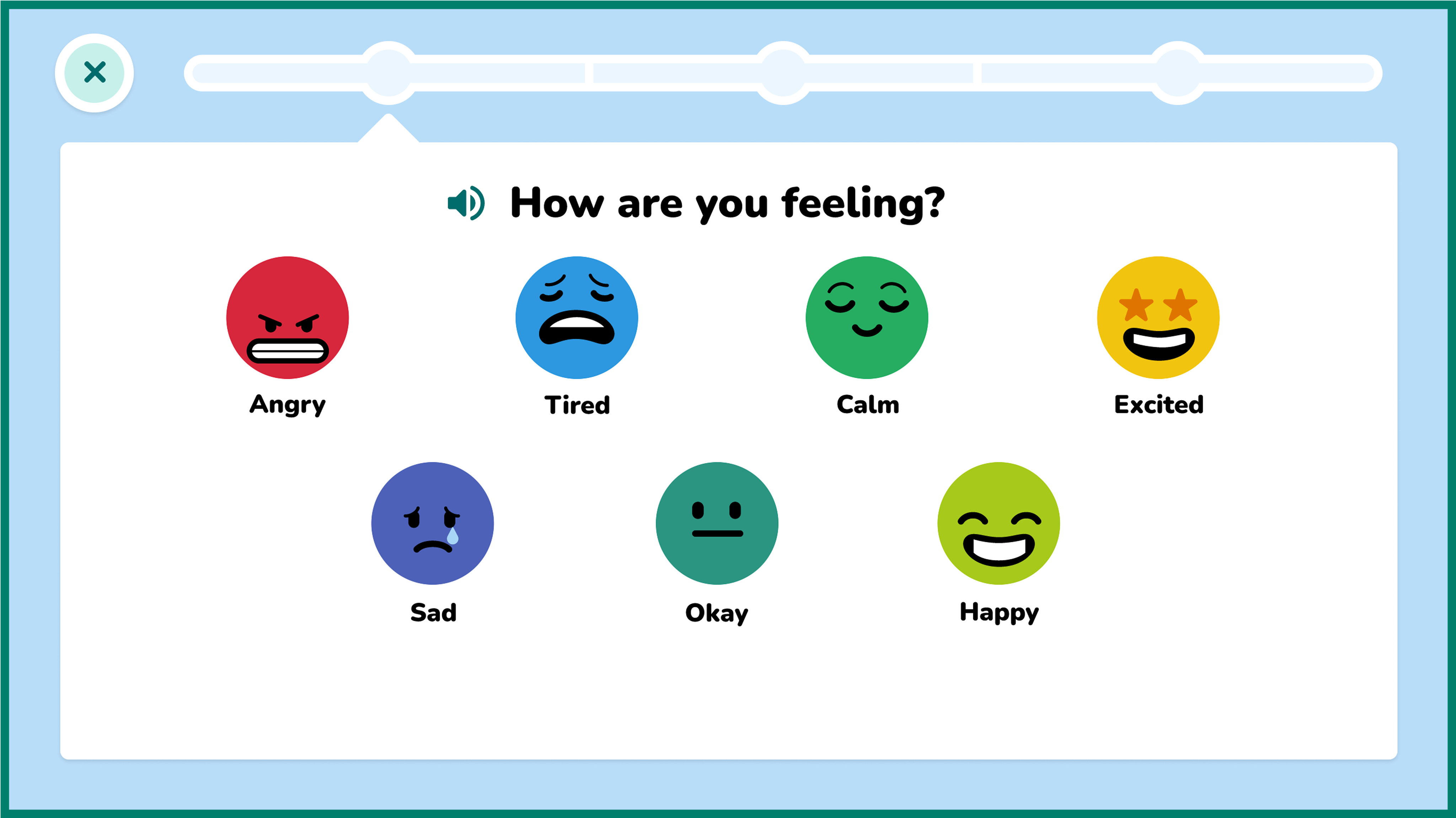 New simplified check-in screen. The new check-in asks “How are you feeling?” and gives students 7 emojis to choose from: angry, sad, tired, okay, calm, happy, and excited.