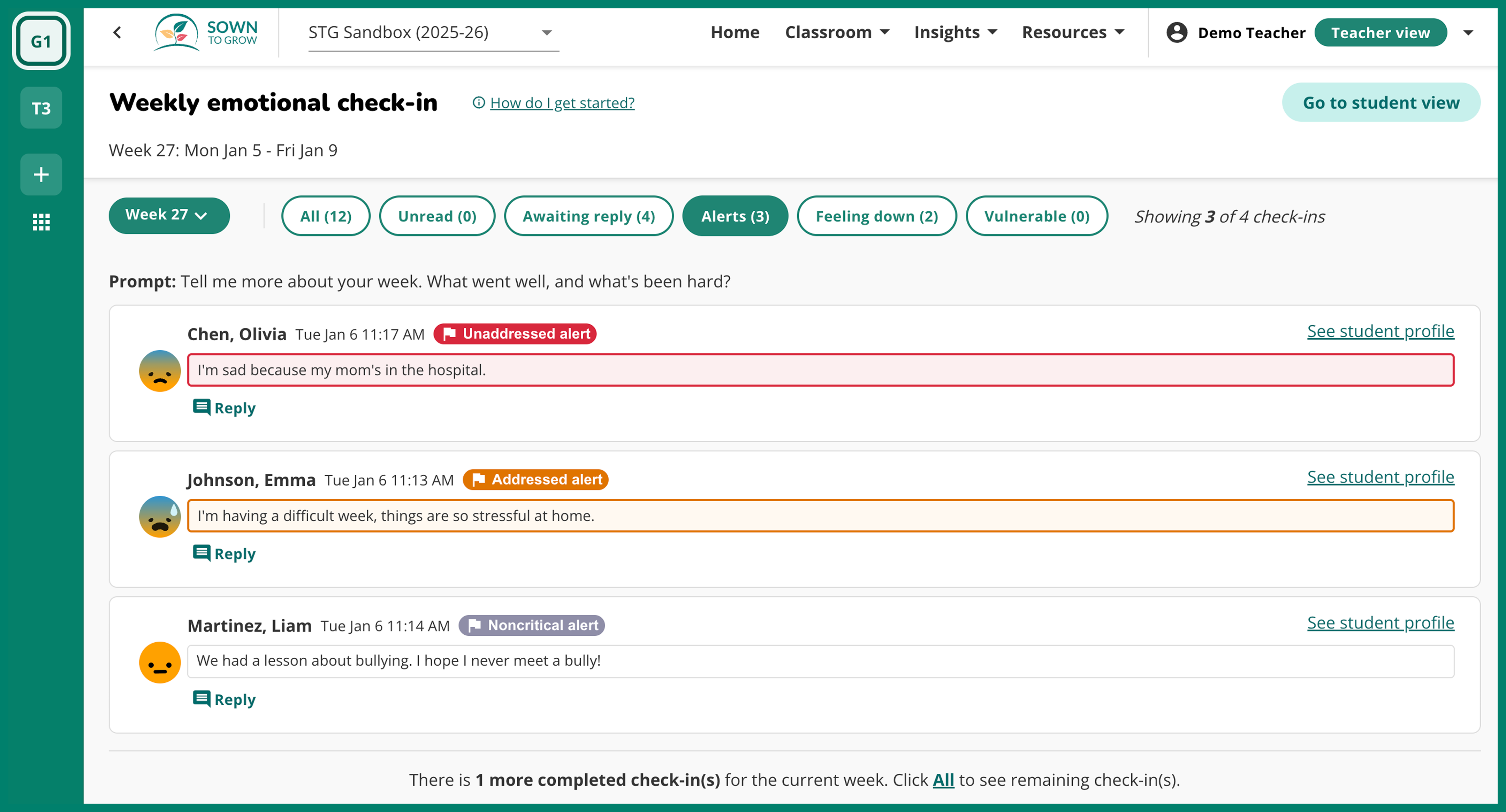 Teacher portal, student check-ins page showing 3 concerning alerts