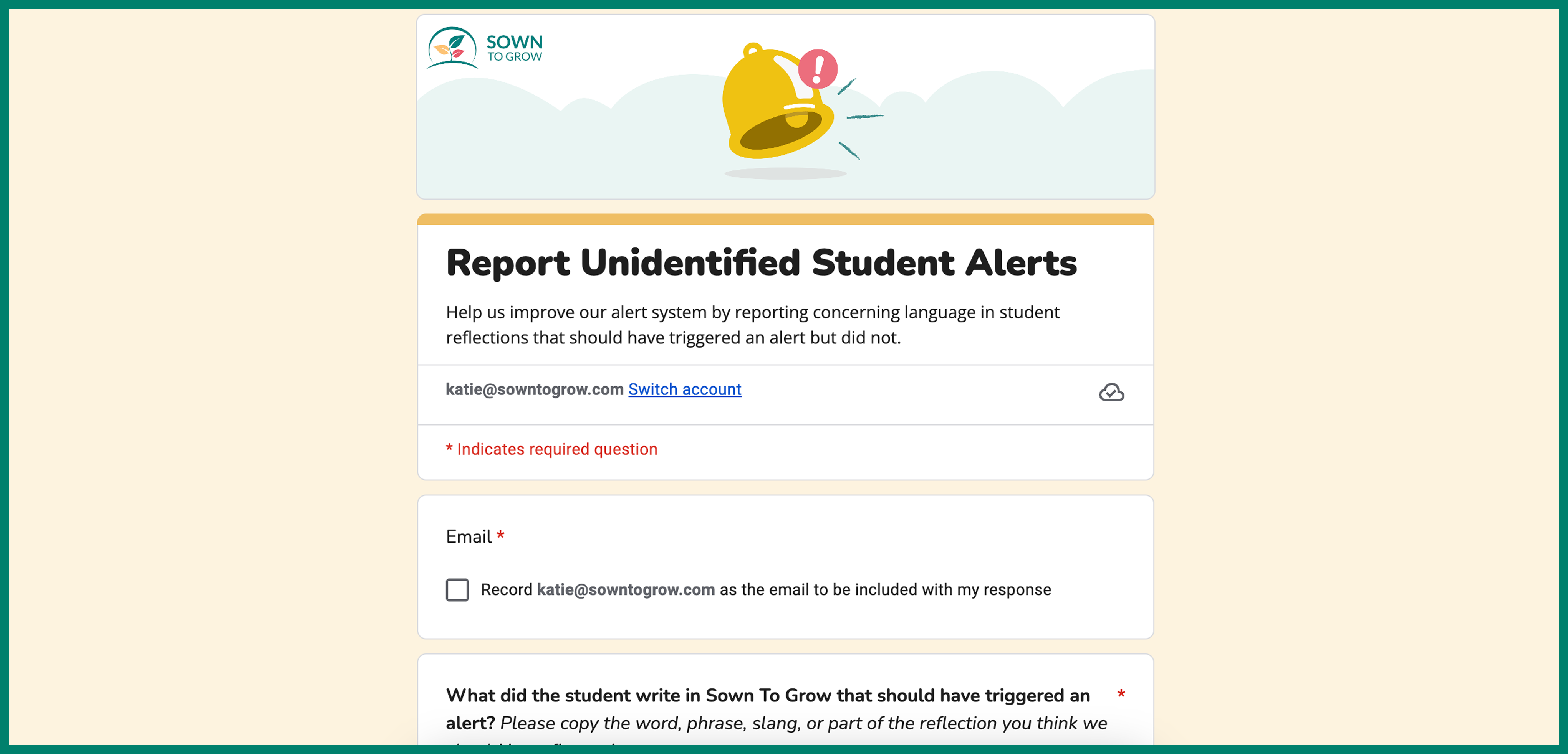 Screenshot showing the "Report unidentified student alerts" form.