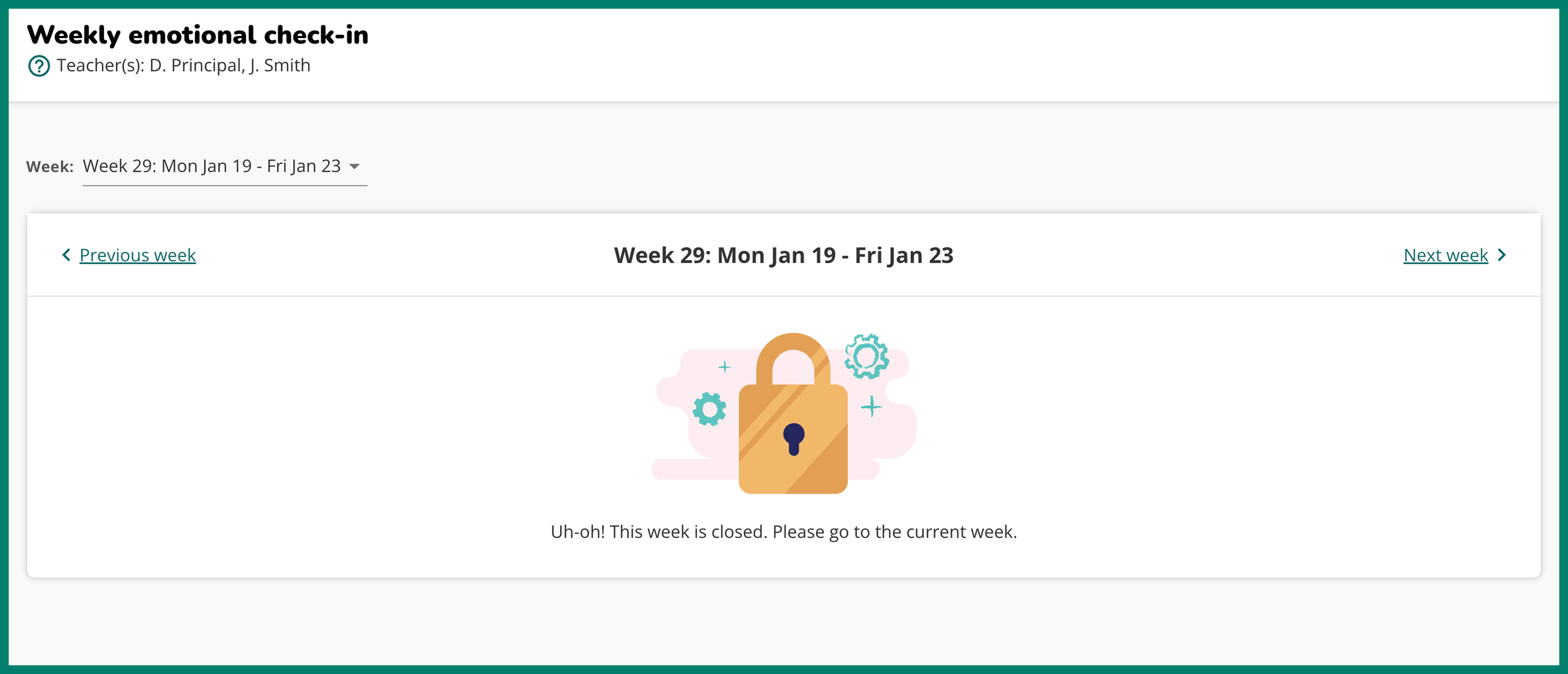 Sown To Grow student app showing a week that is closed because it is outside the dates of the current week.