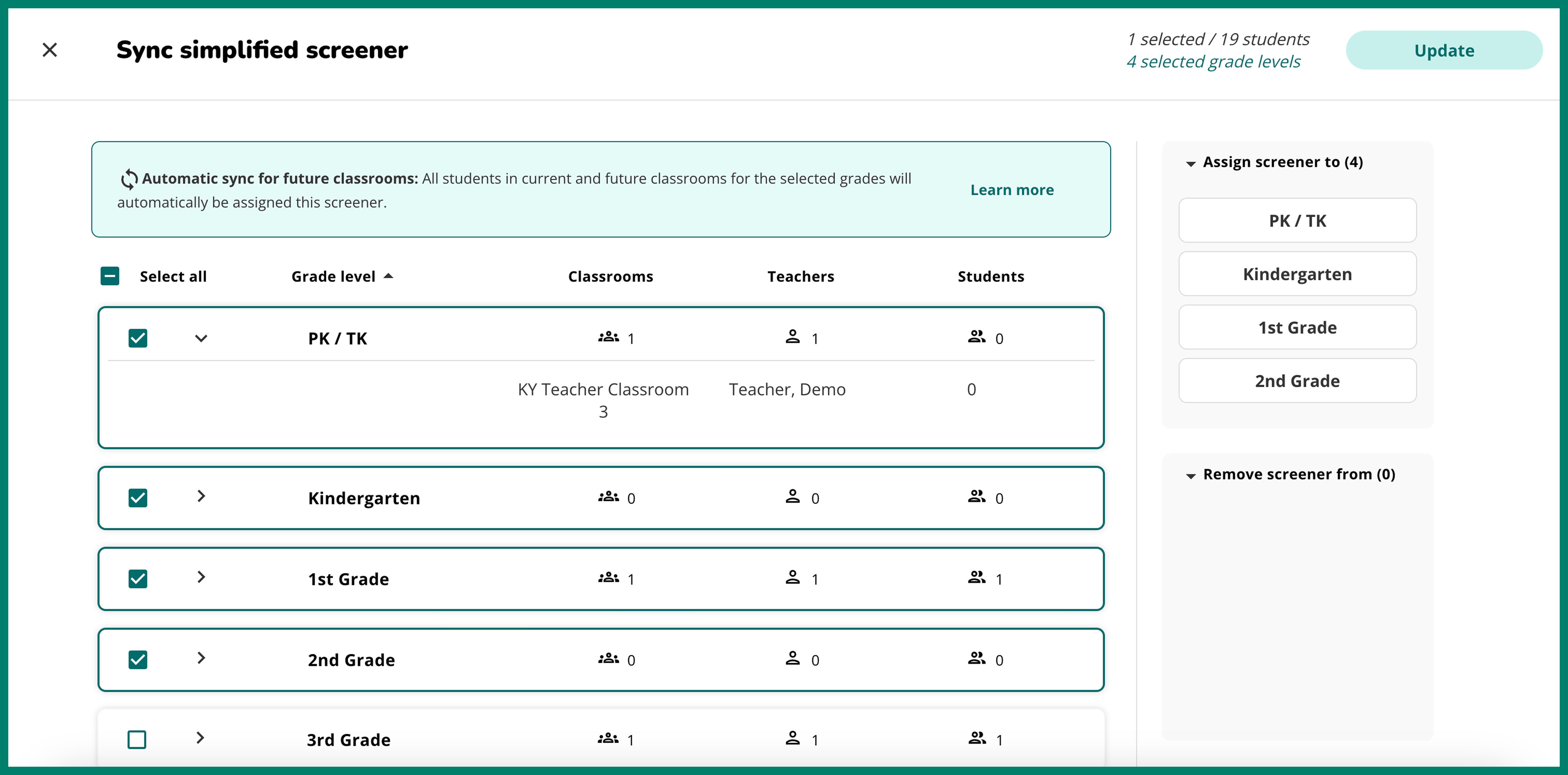 Screen showing syncing a screener by grade level