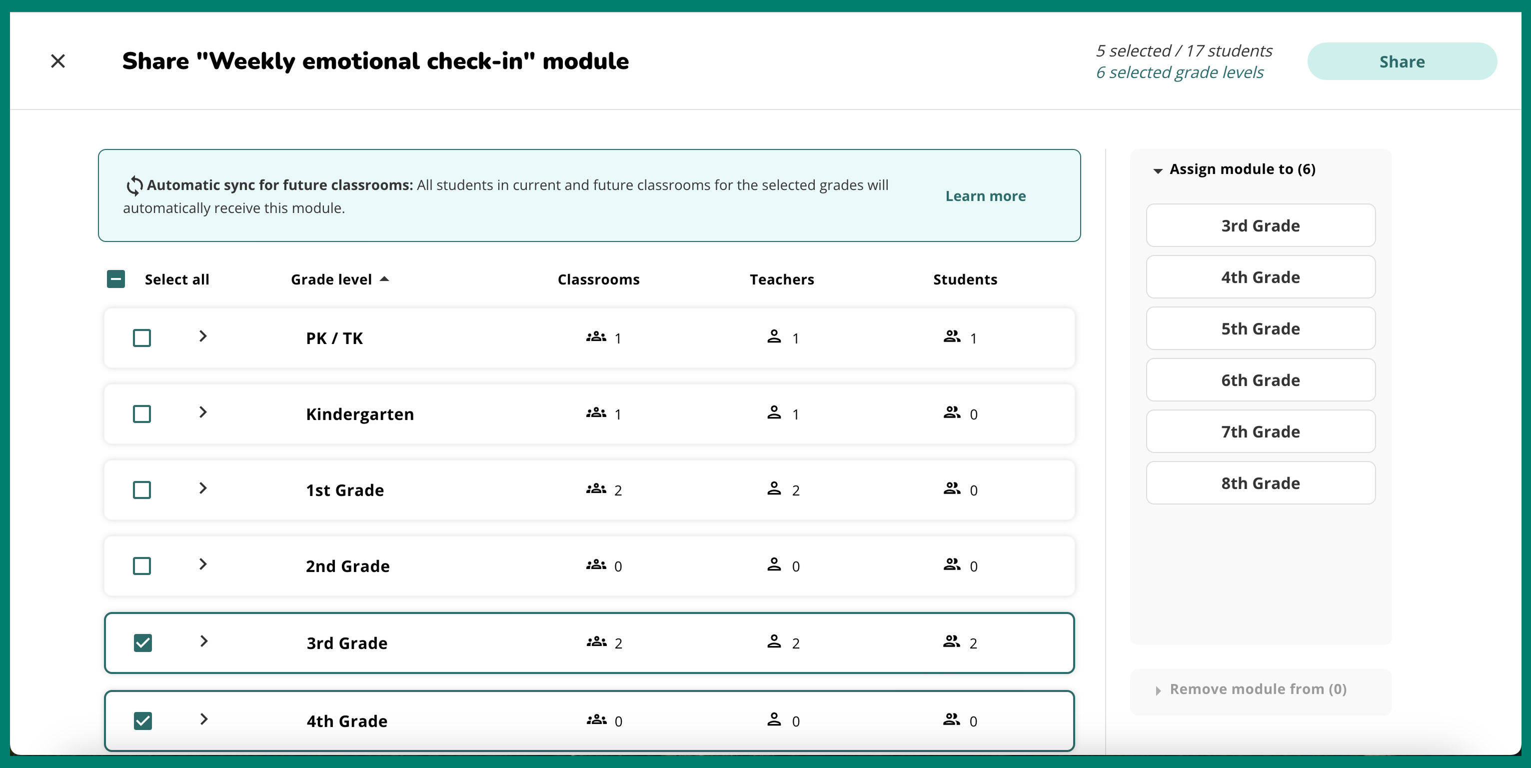 Screen showing syncing a module by grade level