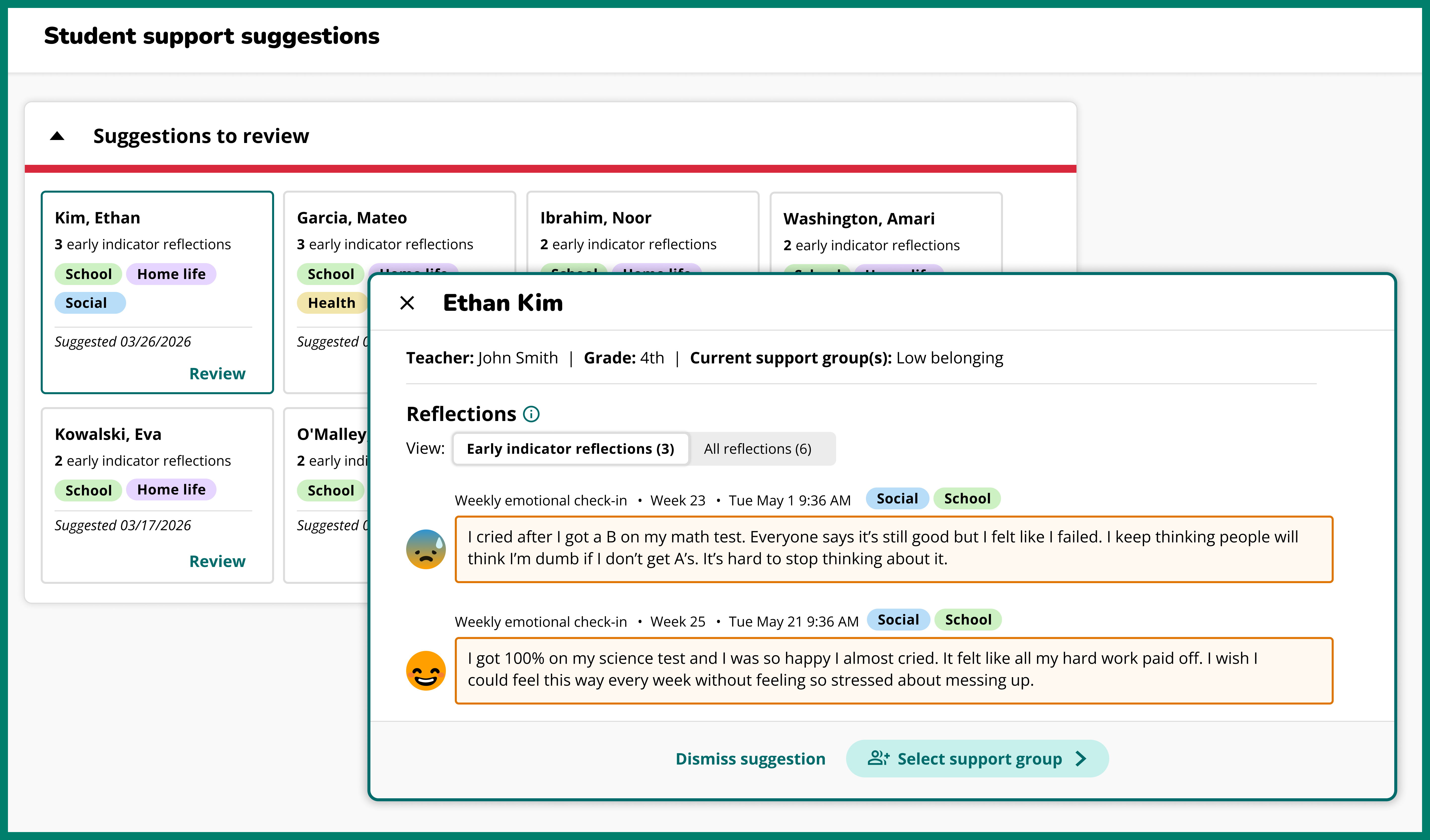 Student support page showing list of suggested students