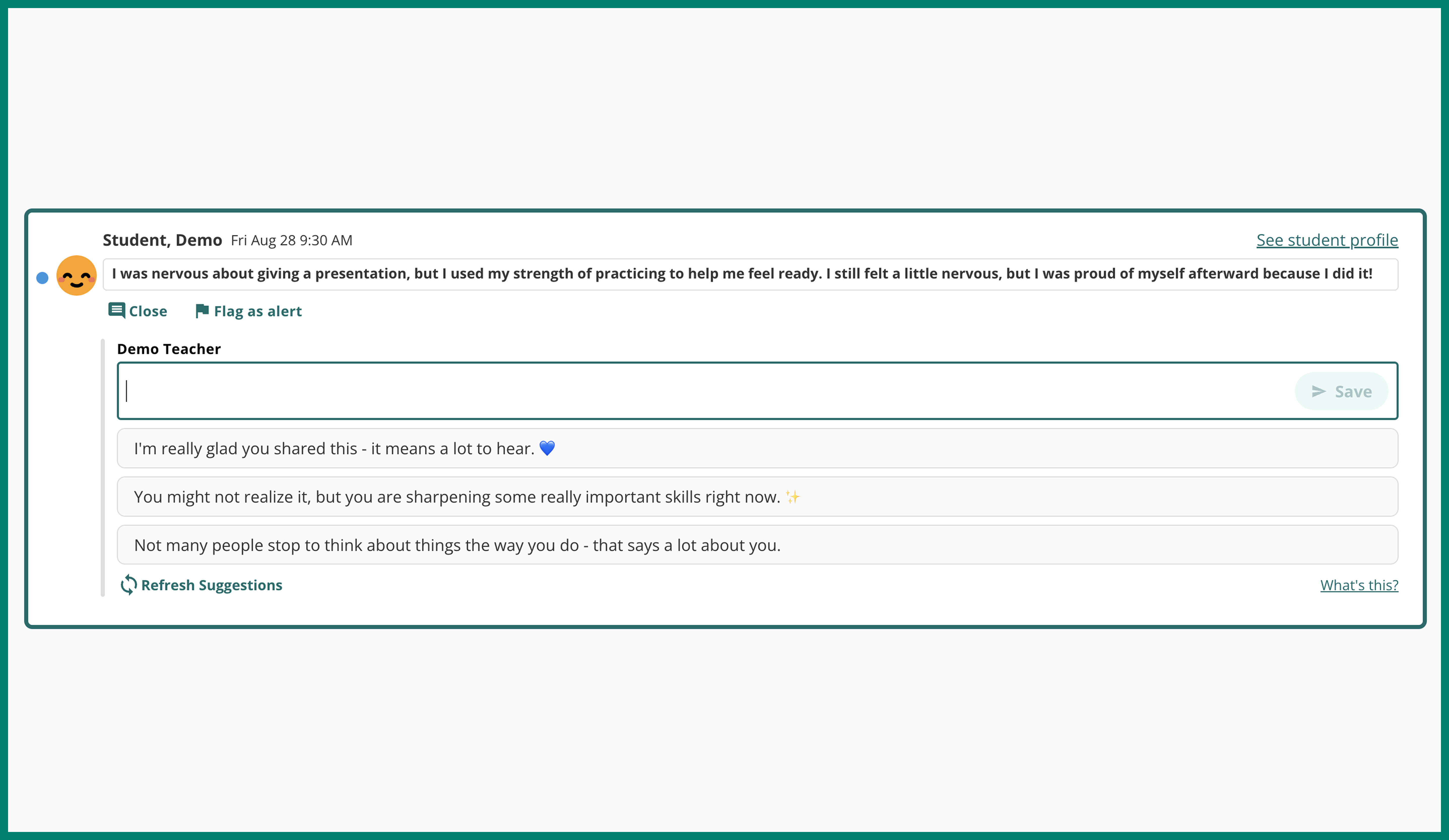 A student reflection showing updated response suggestions