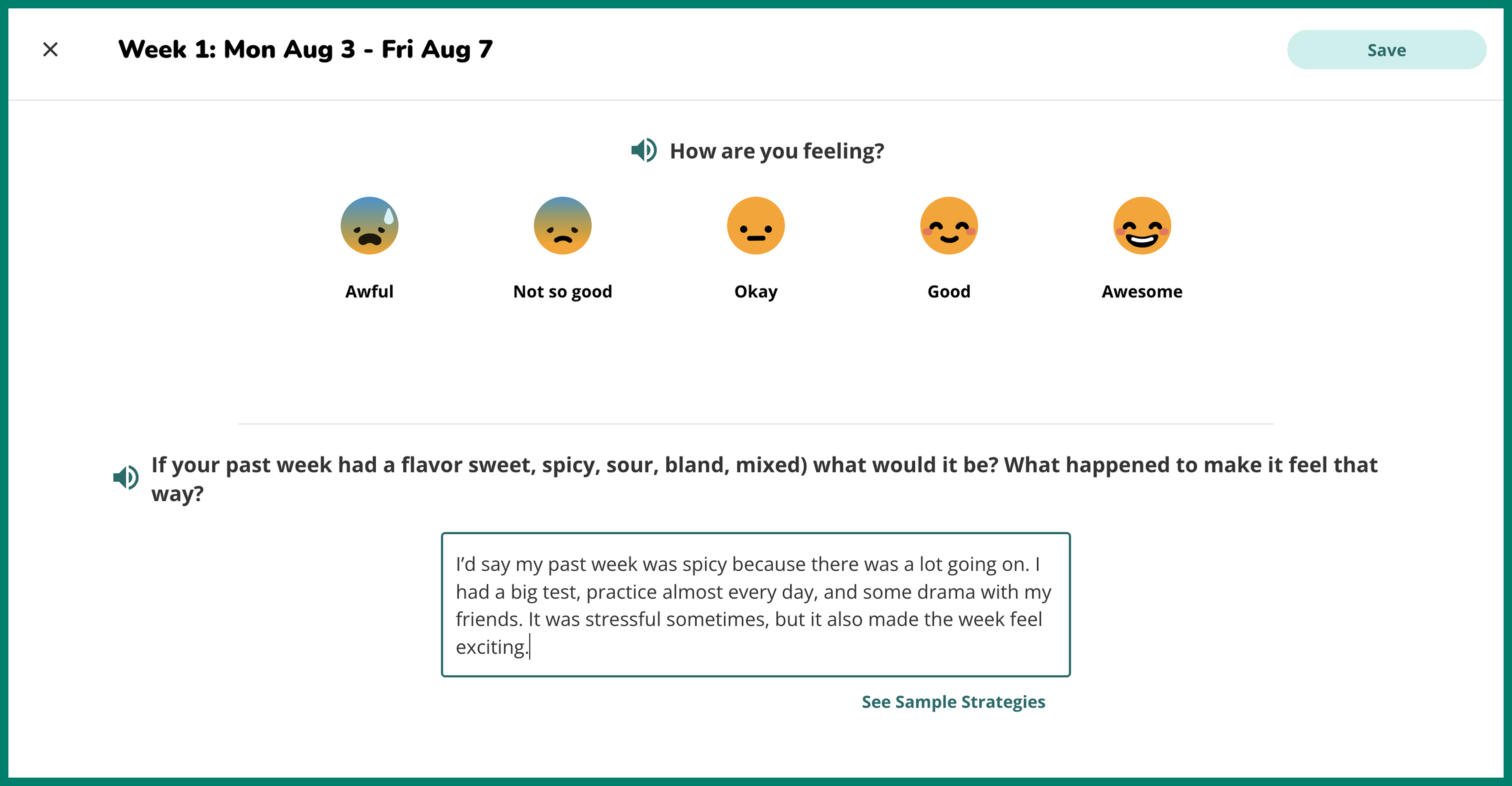 Screenshot showing the student check-in experience with a new reflection prompt: If your past week had a flavor (sweet, spicy, sour, bland, mixed), what would it be? What happened to make it feel that way?