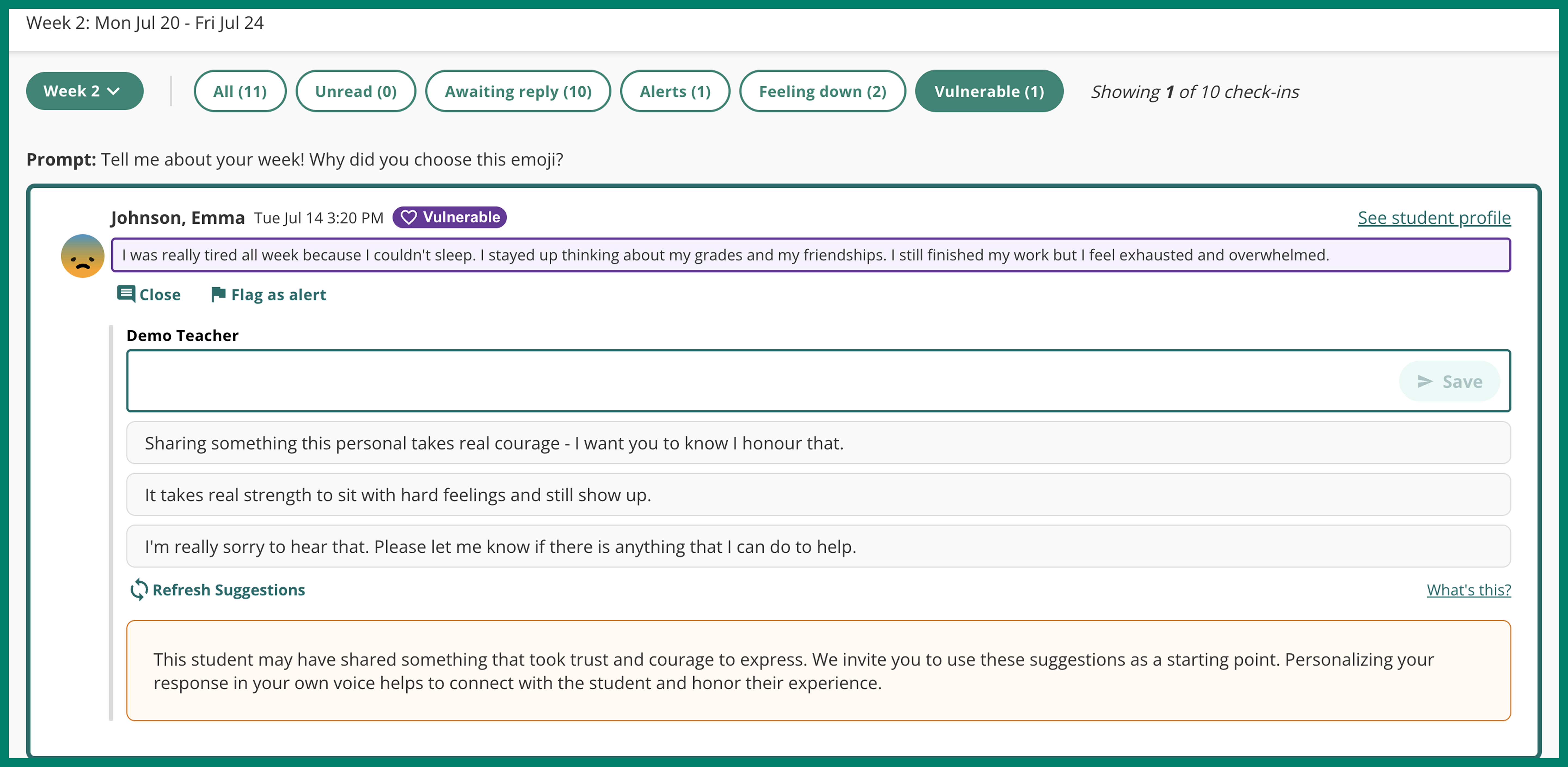 Screenshot of a student reflection showing a purple tag that says "vulnerable" with a heart icon