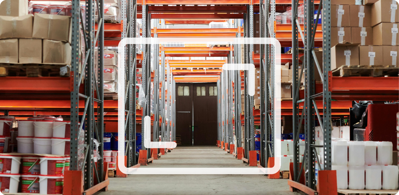 A photo of a warehouse. There is a viewfinder image over the top. 