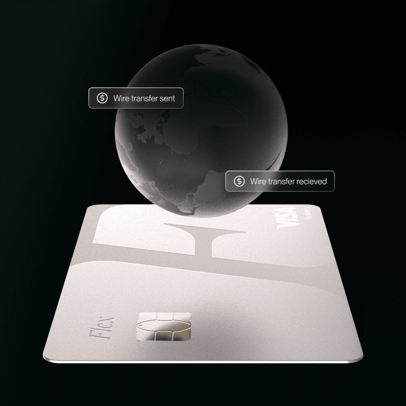 A globe hovering over a Flex card with the words "wire transfer sent" and "wire transfer received."