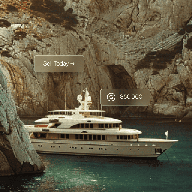 A boat pulling into a canal with options hovering above to sell and what it's worth as a liquid asset.