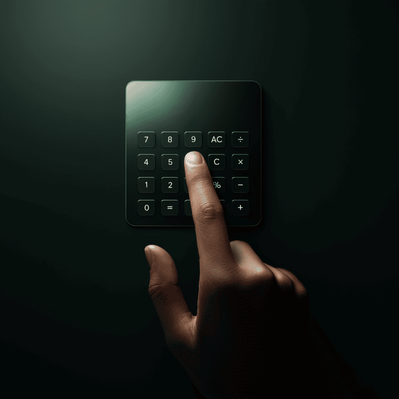 A hand hovers over a calculator, about to use it to calculate gross profit. 