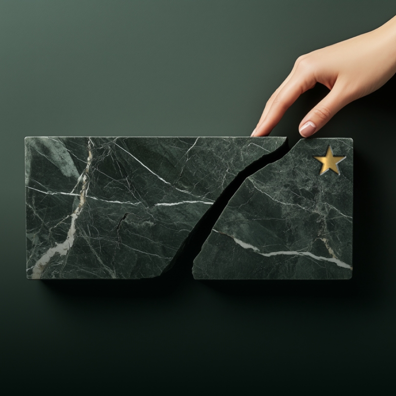 Hand hovering over broken marble representing retained earnings. 