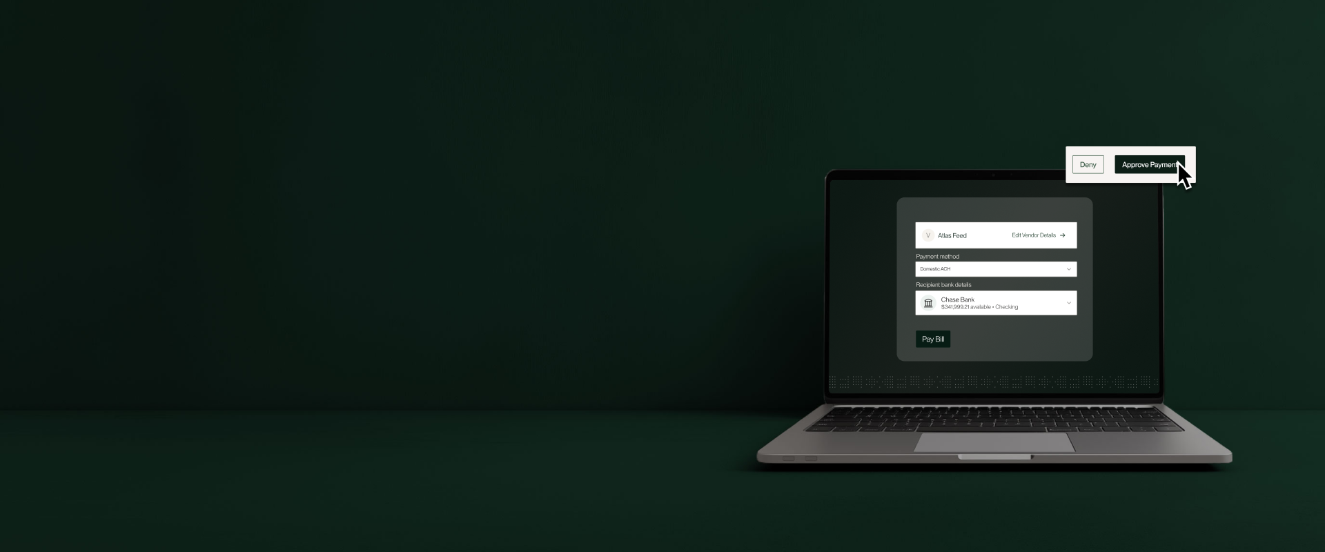 Open laptop with Flex platform showing on screen and the mouse hovering over a button reading "approve payment."