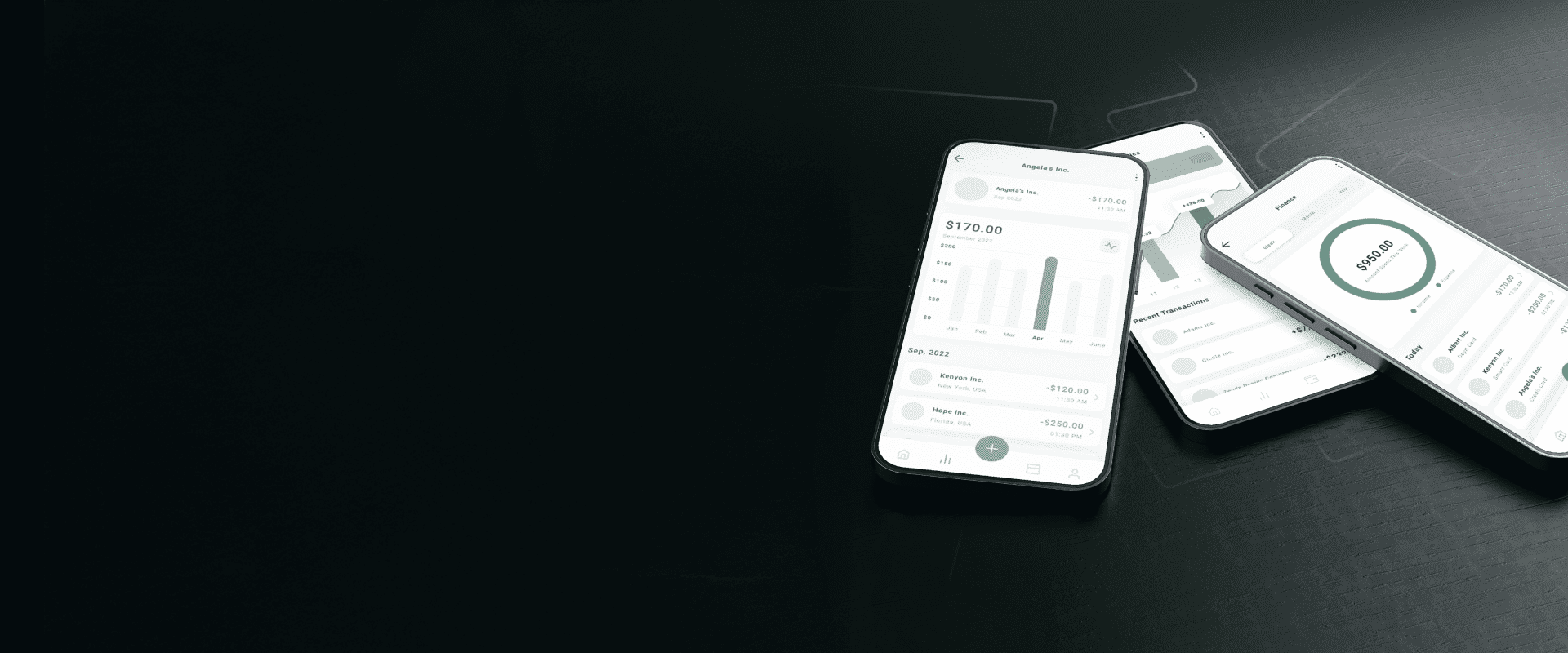 Three phones opened up to different financial management apps that are part of a successful finance stack.