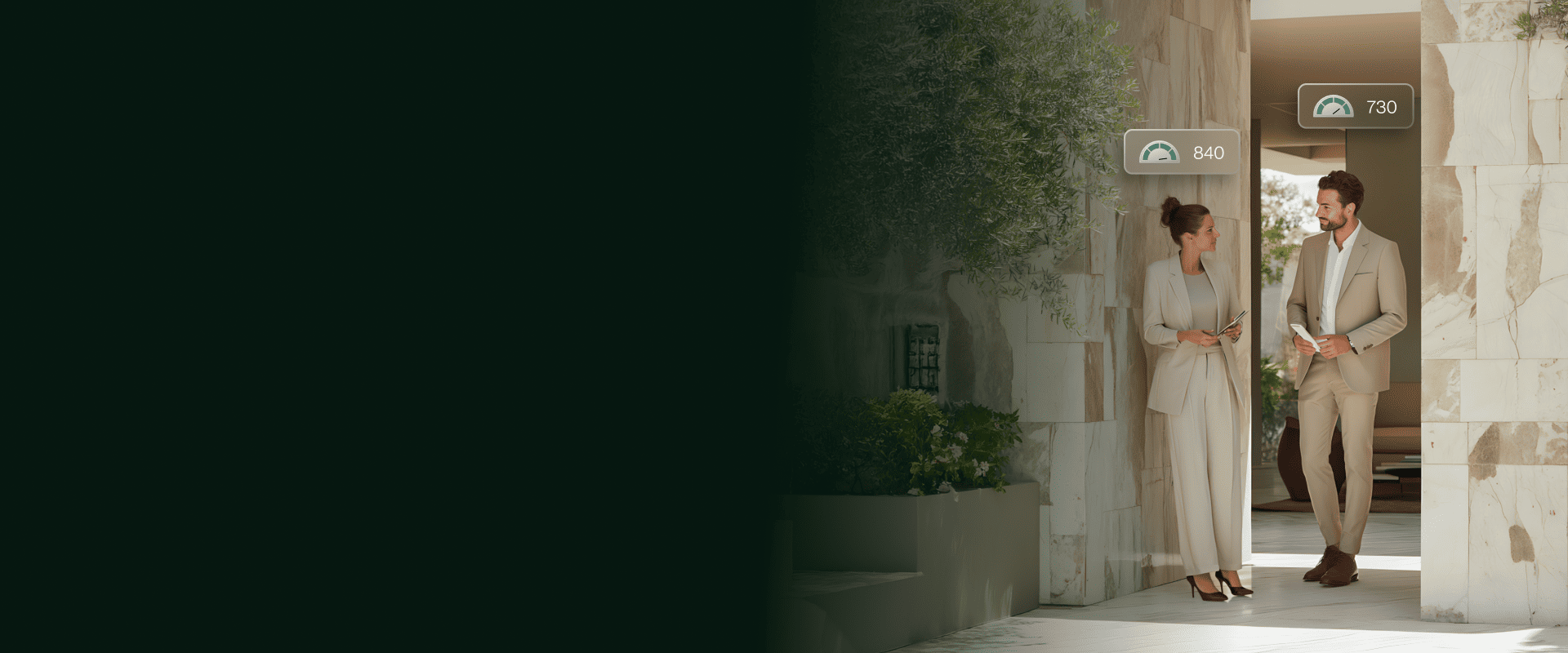 A man and a woman standing in a doorway with their individual credit scores floating above their heads, representing a conversation about how to check your credit score. 