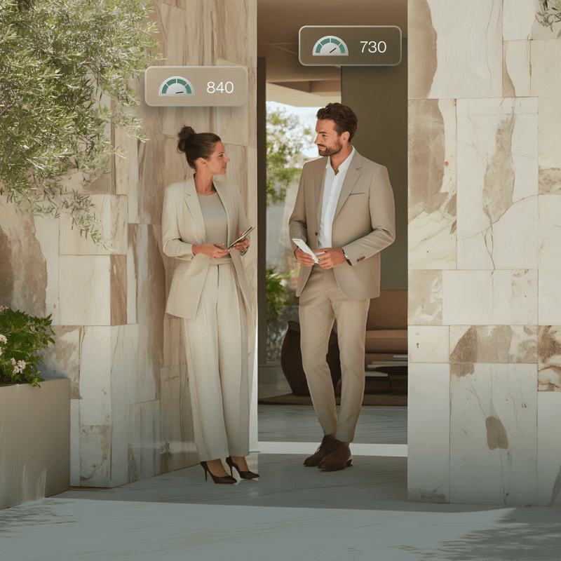A man and a woman standing in a doorway with their individual credit scores floating above their heads, representing a conversation about how to check your credit score. 