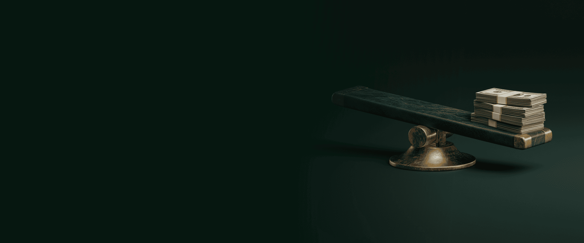A green marble scale with one side weighed down by a stack of money representing a balance sheet.