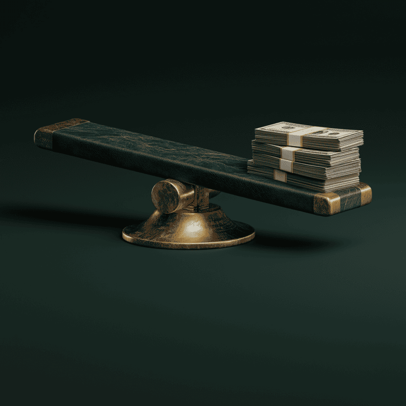 A green marble scale with one side weighed down by a stack of money representing a balance sheet.