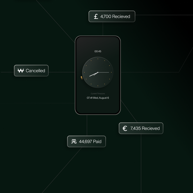 A phone screen showing a clock with different payment amounts and methods surrounding it, demonstrating the difference between wiretransfers vs ach.