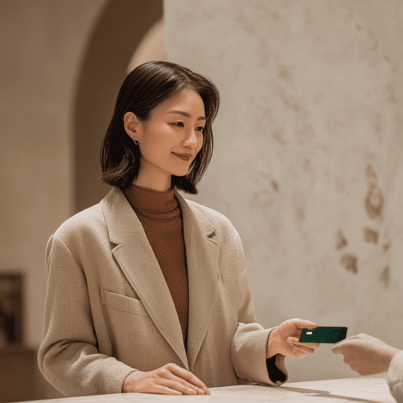 A woman standing at a counter handing the person behind it a credit card in order to build her business credit. 