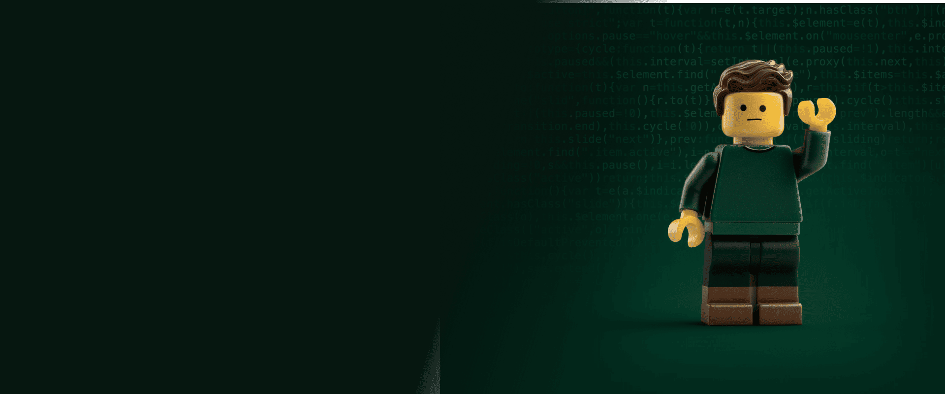 A lego man stands with his arm raised in front of a screen of code, demonstrating building a lightweight design system.