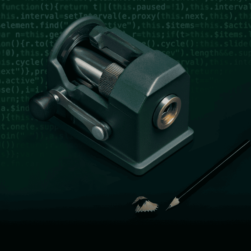 Pencil sharpener in front of a faded background of code to represent the way AI helps engineers sharpen their thinking.