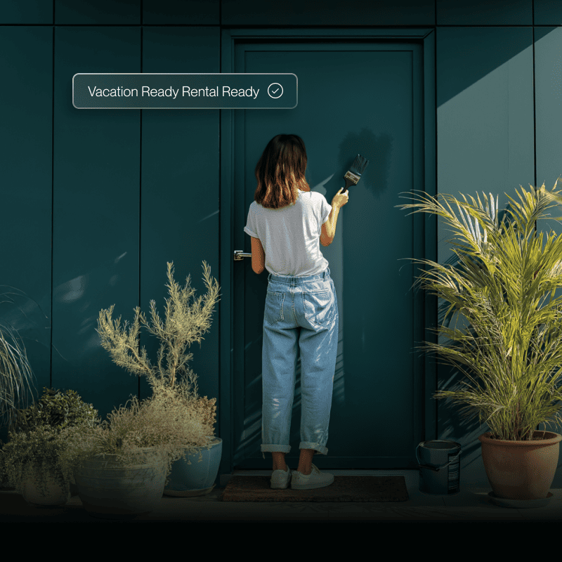 A woman standing outside a home that has been purchased and renovated to be used as a vacation rental using Flex's net-60 float. Bubble above stating "vacation rental ready."