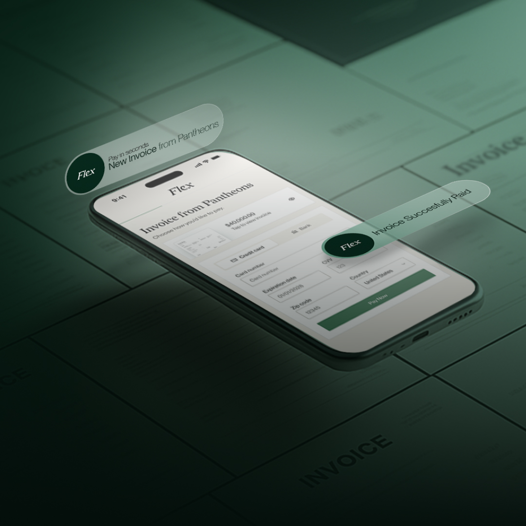 A phone with the Flex Invoicing product floating above a pile of invoices.