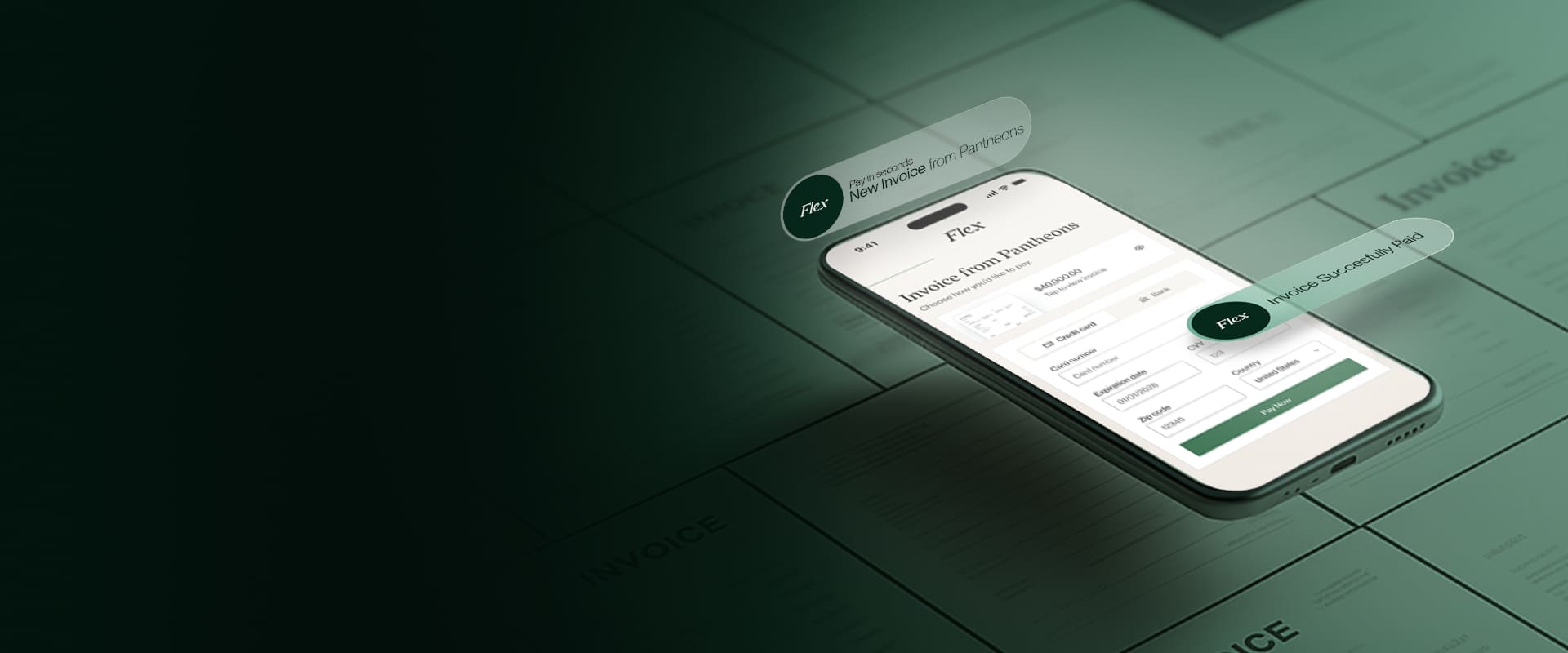 A phone with the Flex Invoicing product floating above a pile of invoices.