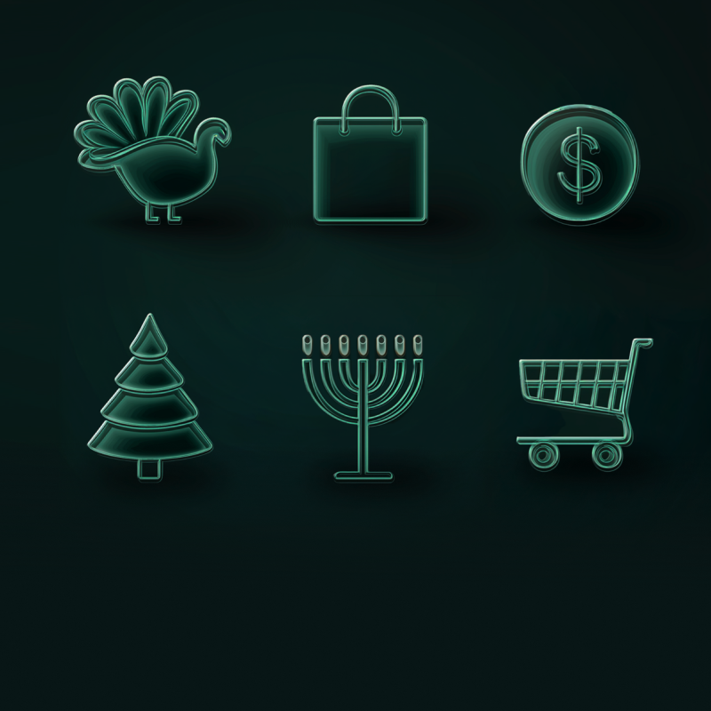 Six symbols representing holiday inventory: shopping bag, shopping cart, Hanukkah menorah, Christmas tree, and a Thanksgiving Turkey.