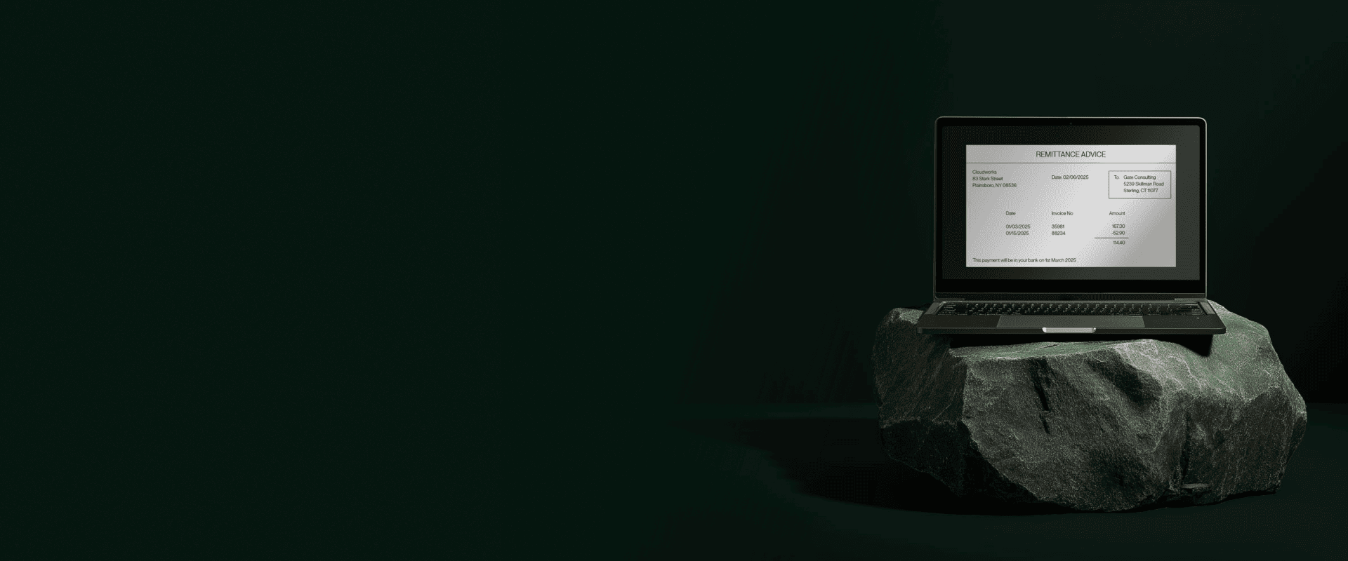 A laptop sitting on a rock with a green background with a remittance advice document pulled up on the screen, 
