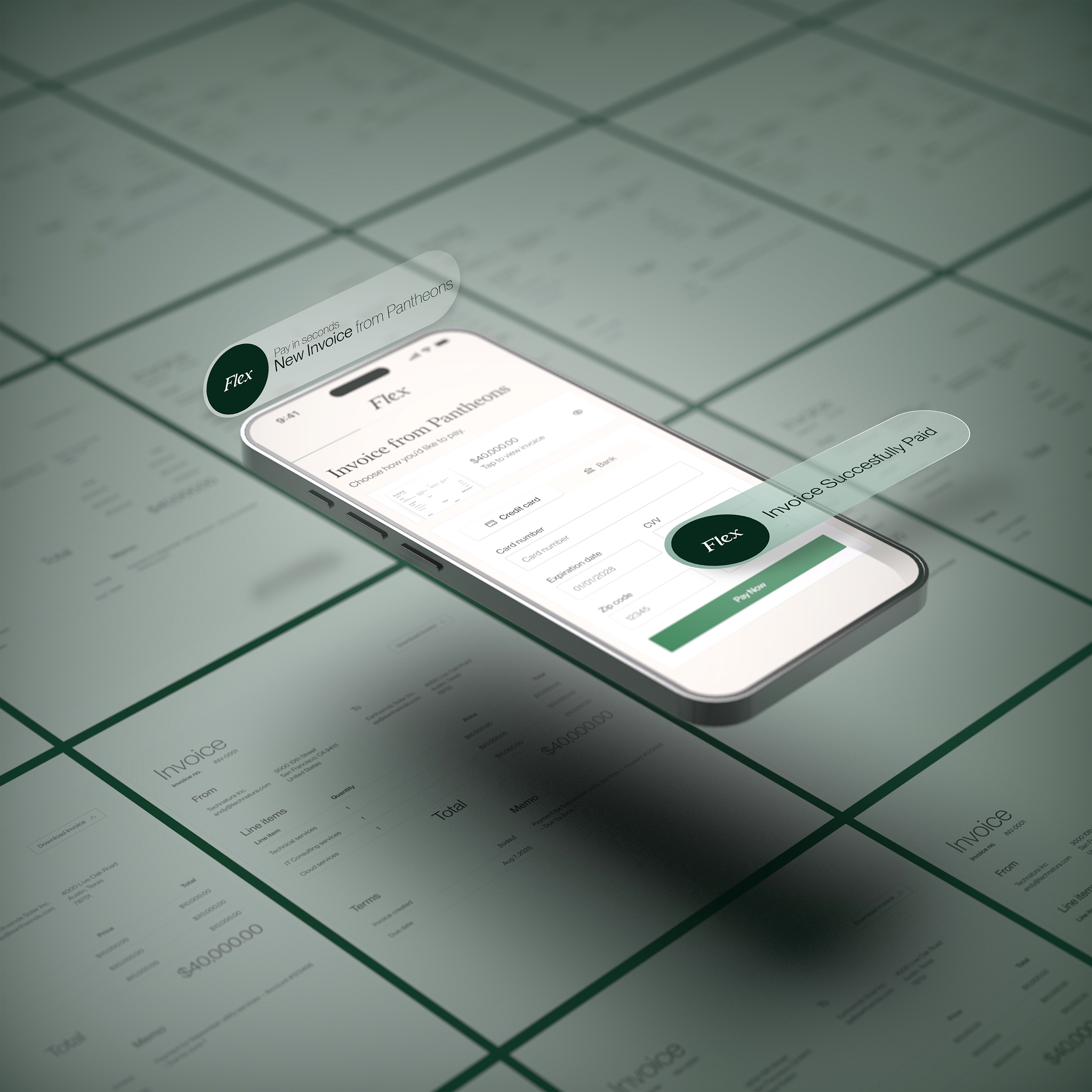 Image of a phone with the Flex invoicing dashboard pulled up, hovering over various invoices laid flat on a dark green surface.