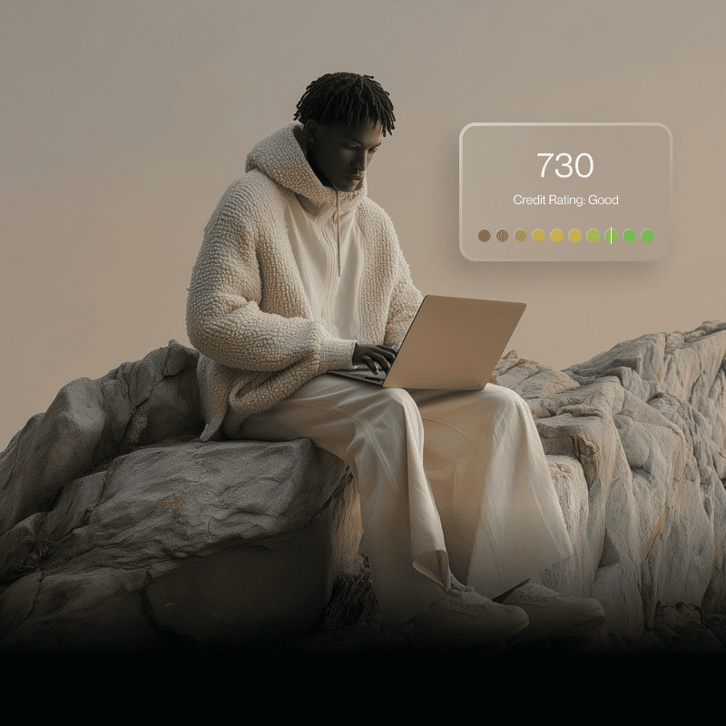 A man sitting on a rock with a laptop open on his lap showing his credit score as in the "good" range with a dial depicting that. 
