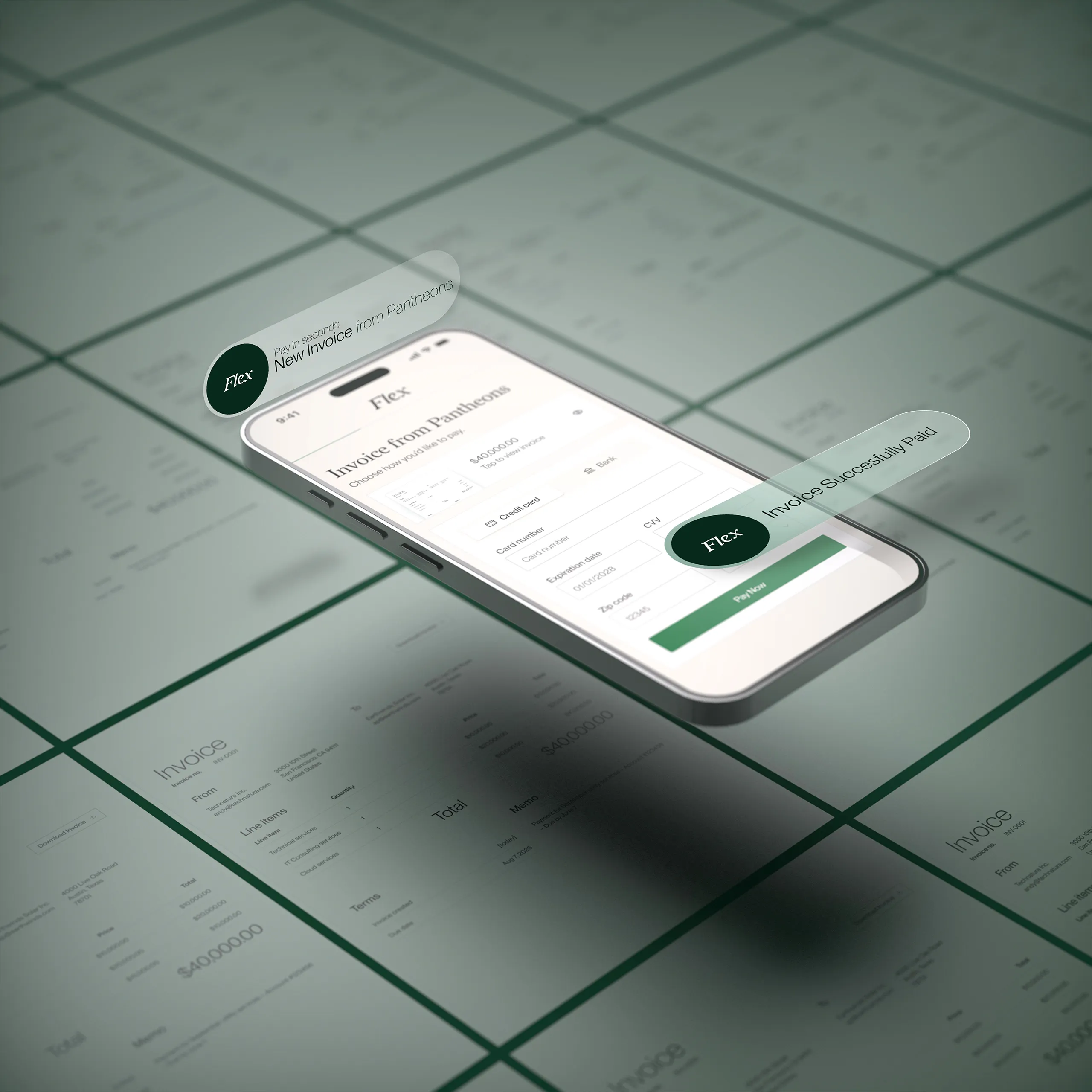 Image of a phone with the Flex invoicing dashboard pulled up, hovering over various invoices laid flat on a dark green surface.