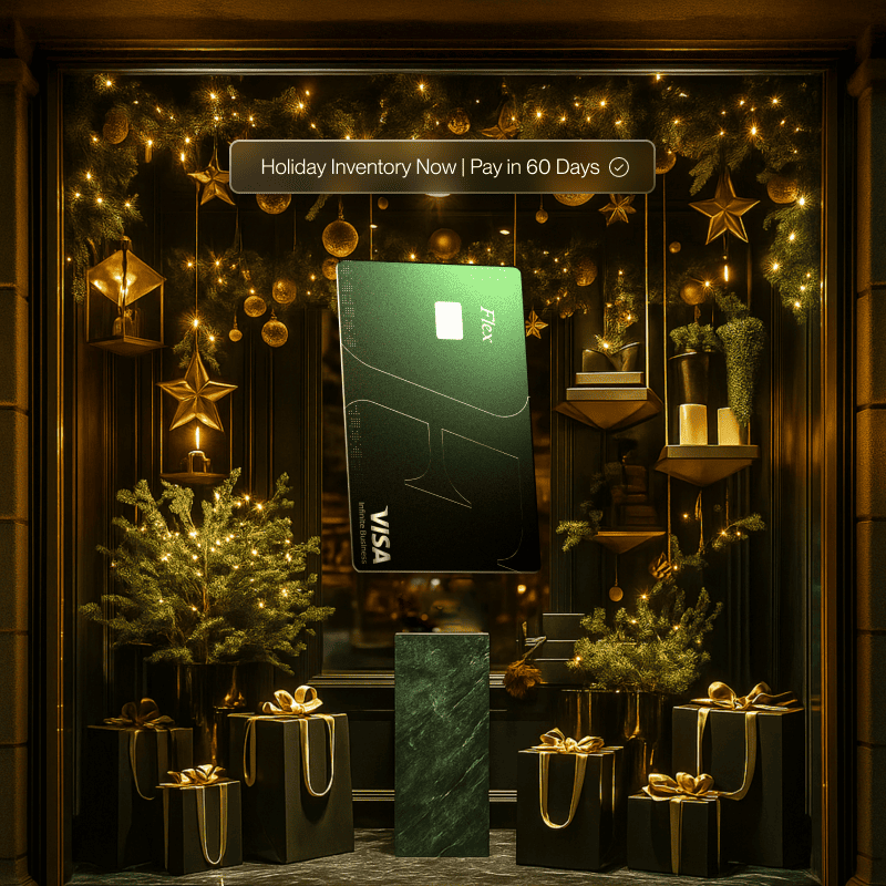 Flex credit card in a Bergdorf Goodman's-style holiday decorated store window with colorful accents. 