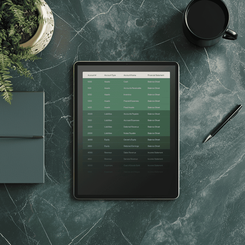 Ipad screen open to a business' chart of accounts. 