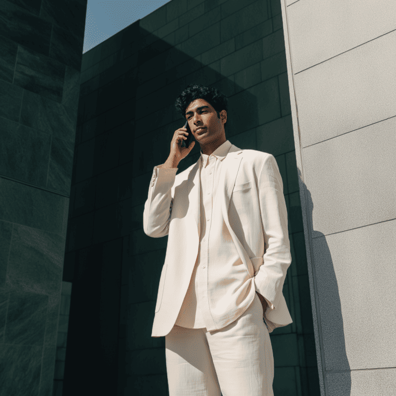 A man standing outside a Flex green door on the phone, presumably speaking with someone on the Flex team.