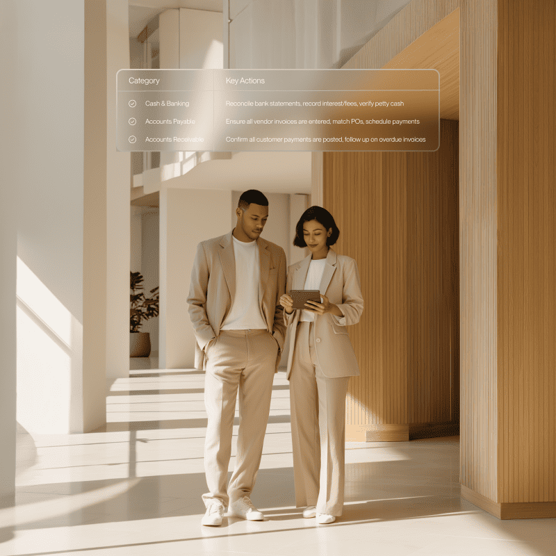 A man and woman stand together in a hallway reviewing their year end close on an iPad.