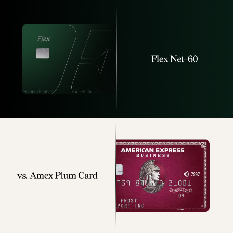 A direct comparison between the American Express Plum Card and the Flex Net-60 Business Credit Card showing both cards laid next to each other. 
