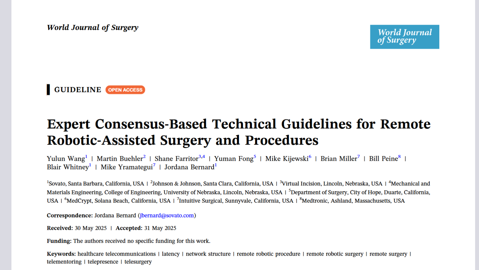 Medcrypt Contributes to New Global Guidelines for Remote Robotic Surgery Published in the World Journal of Surgery