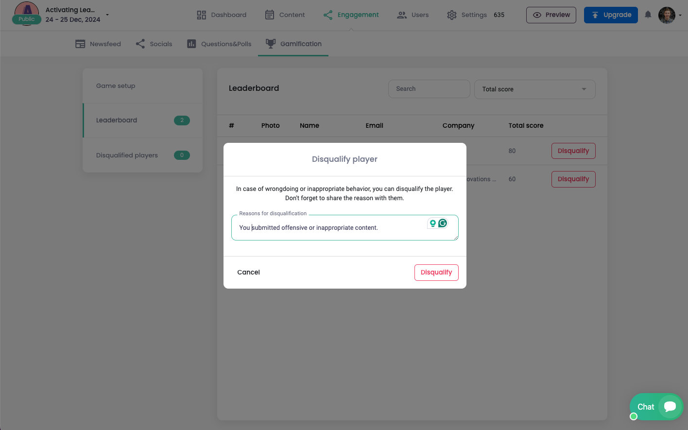 Disqualify attendees from the leaderboard through Eventee administration.