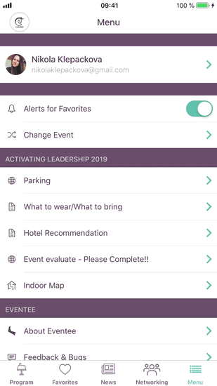 Eventee app's interface, highlighting seamless information flow, where content entered in the administration panel is immediately visible to attendees in the mobile app, ensuring consistent and up-to-date information.