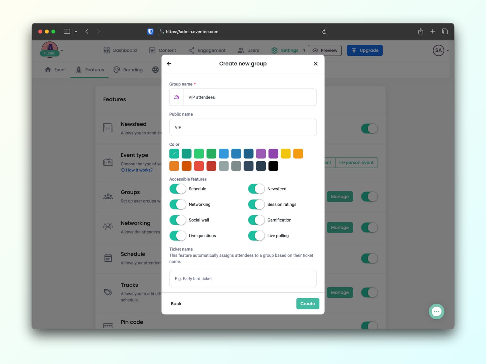 Eventee administration showing the interface for creating attendee groups with different access to features