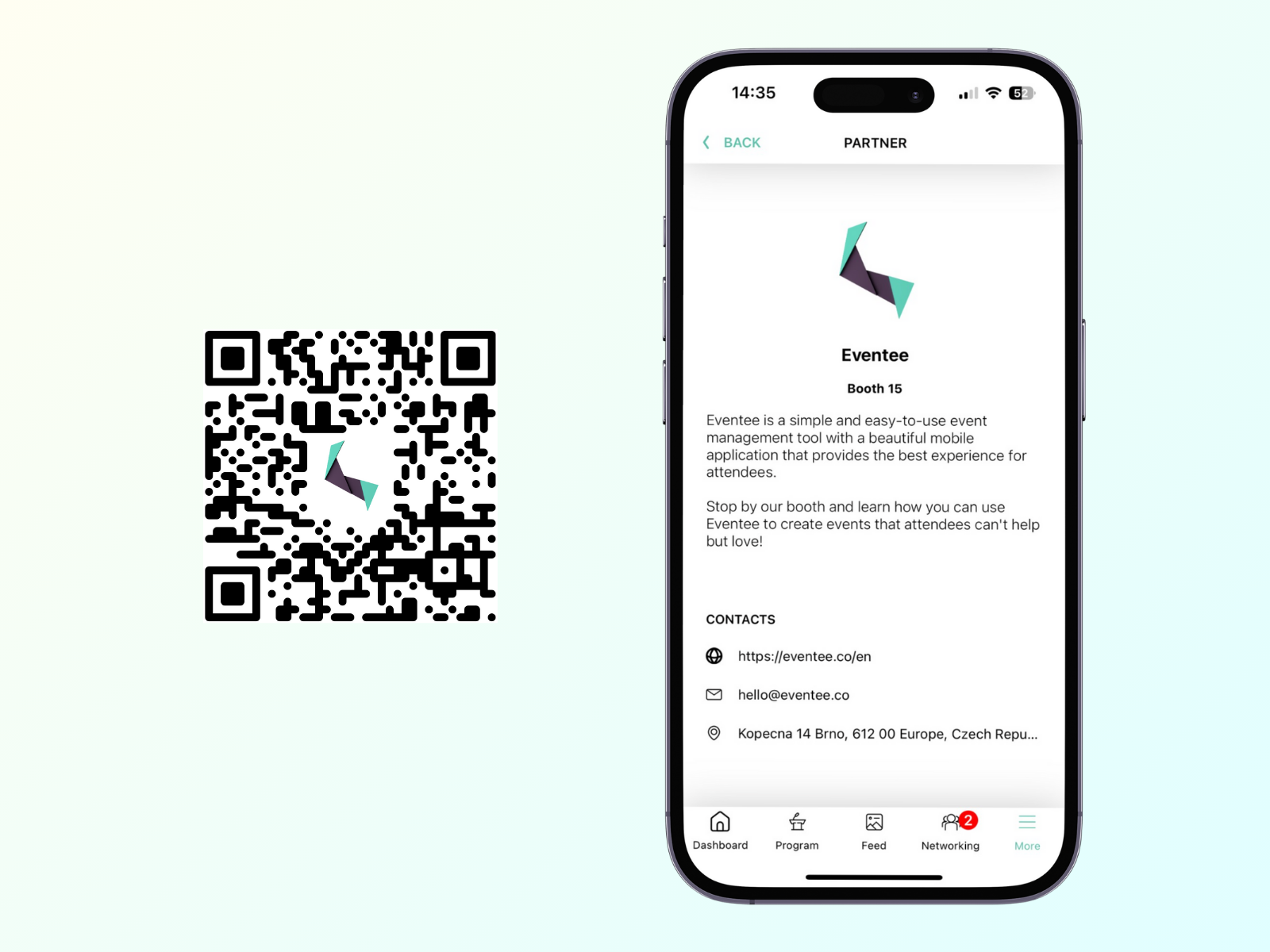 Example of an exhibitor QR ode that directs attendees to exhibitor's profile in the Eventee app.