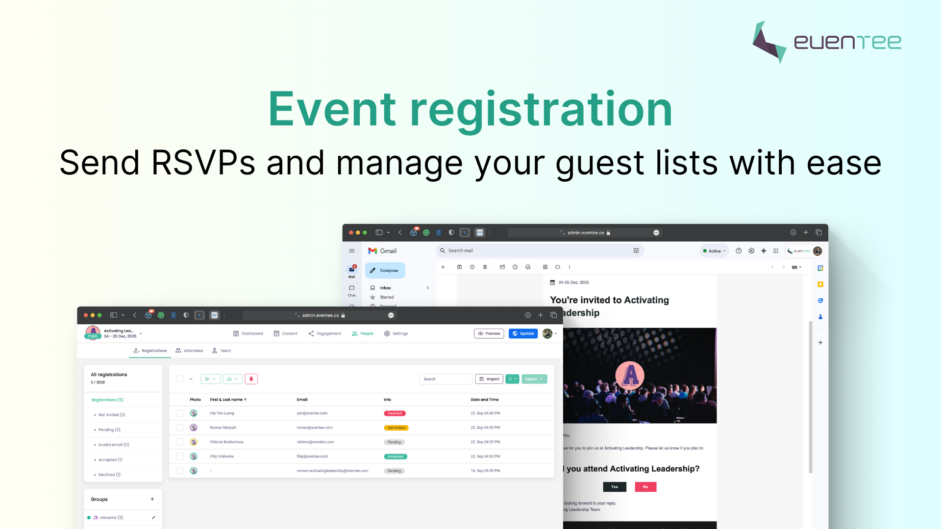Sneak peek: Evente RSVP email and Eventee administration interface showing registrant management