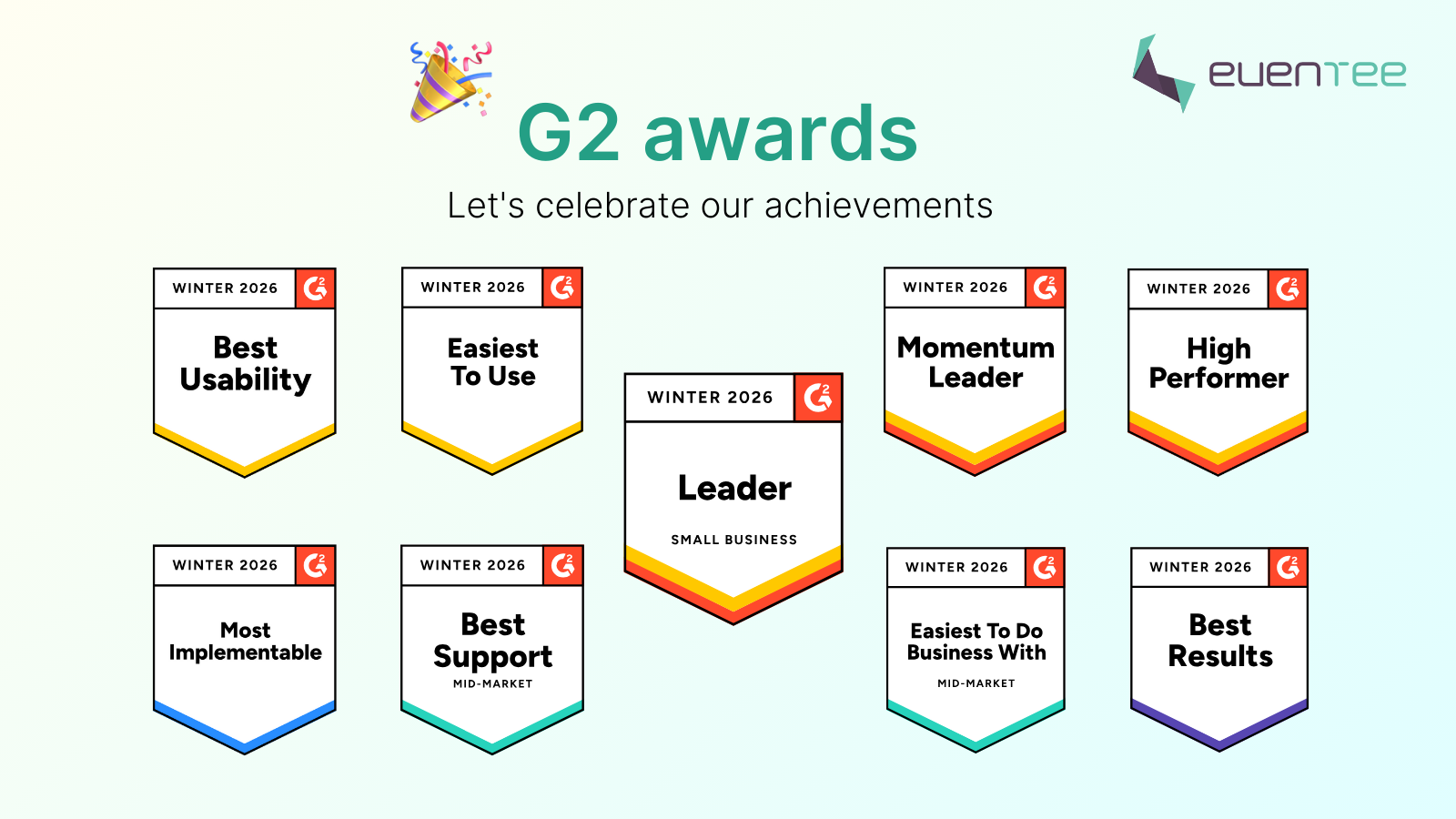 Winter season G2 awards. Eventee received nine different badges for high ranking across event tech categories.