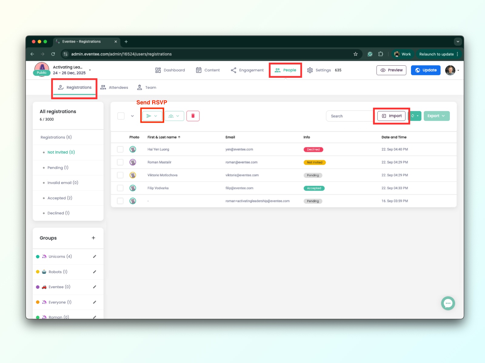 Image shows Eventee administration and how to navigate to Registration dashboard.