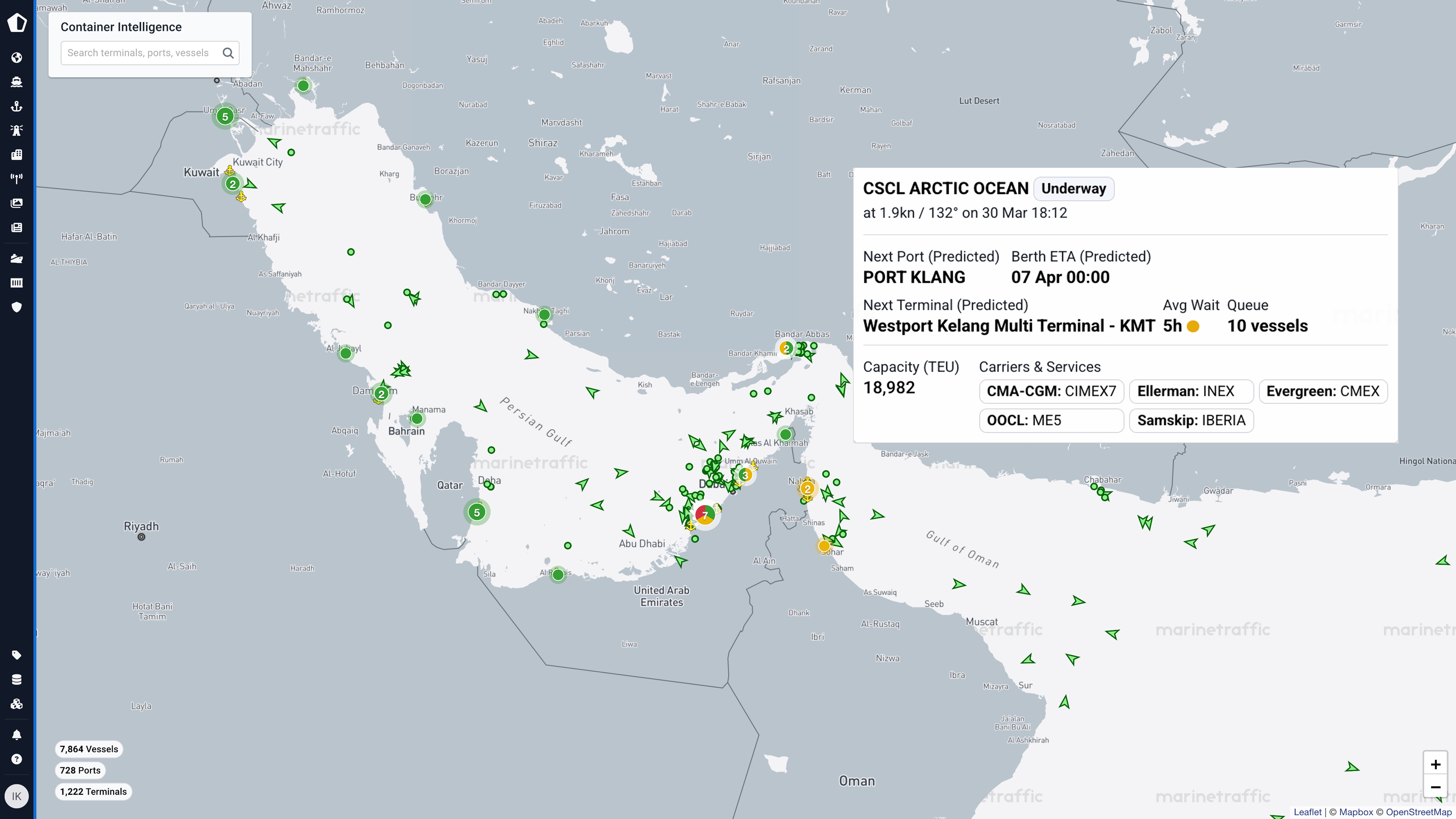 Live Container Intelligence visualisation of the CSCL ARCTIC OCEAN navigating the Strait of Hormuz chokepoint