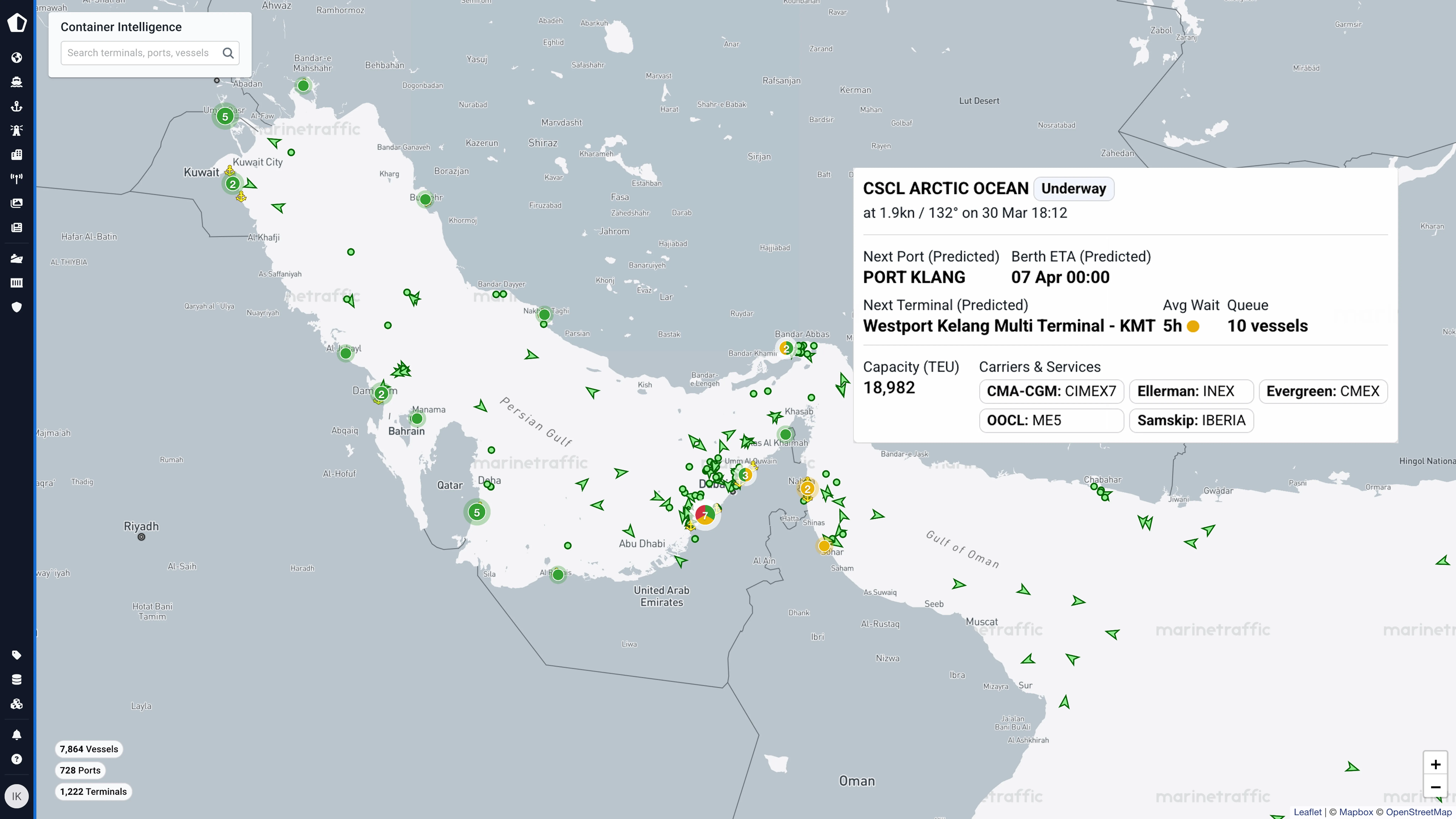 Live Container Intelligence visualisation of the CSCL ARCTIC OCEAN navigating the Strait of Hormuz chokepoint