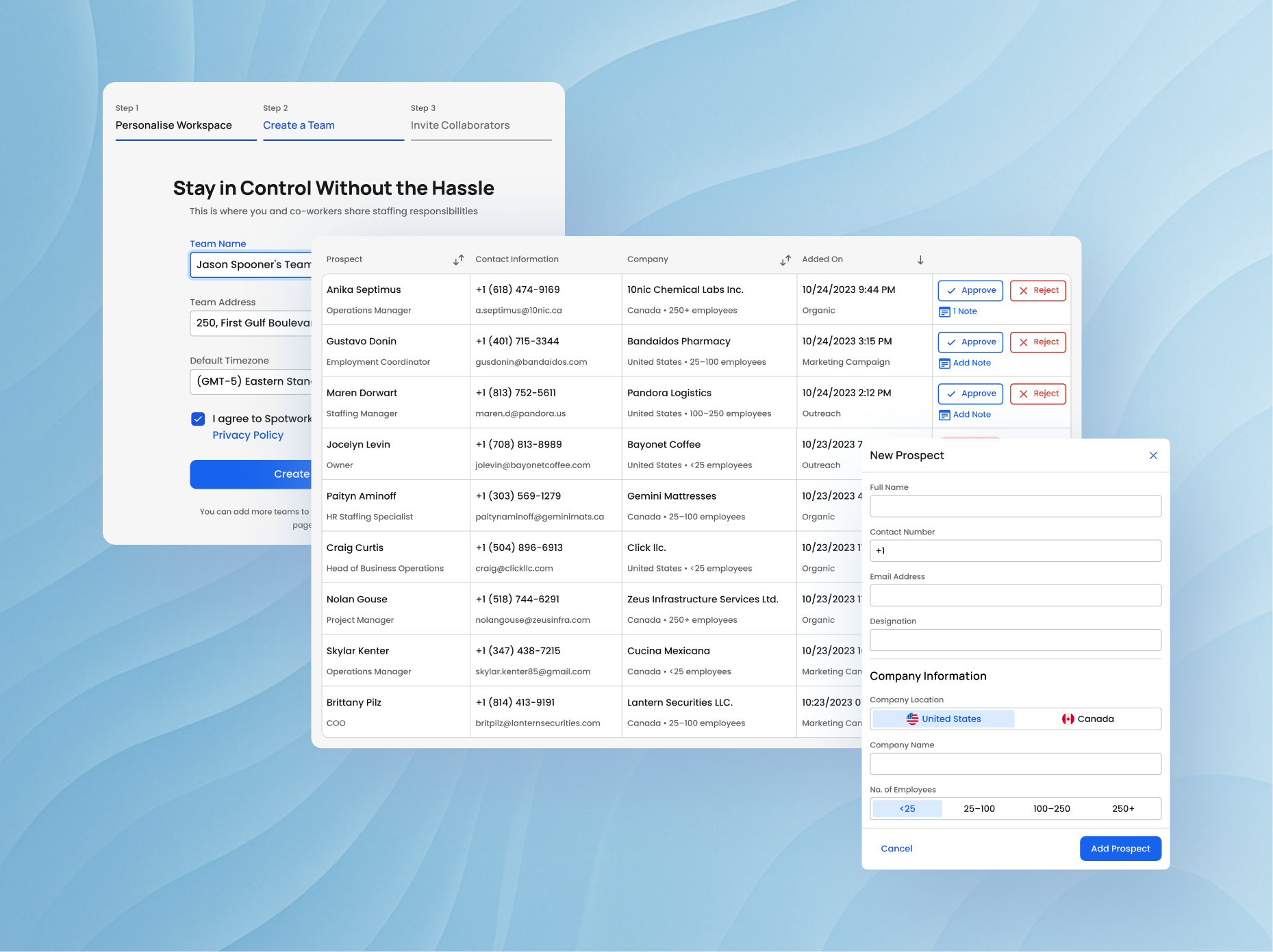 Cover image: depicts three different screens: 1. the table view of the activations dashboard listing a number of leads with their respective sources (centre); 2. a screen from the onboarding process depicting the step to create a team (top left); 3. The new prospect form (bottom right).